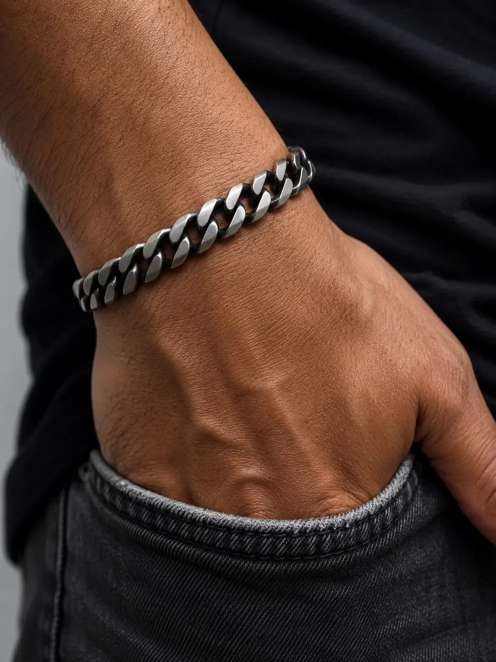 Grey Tone Stainless Steel Cuban Link Bracelet
